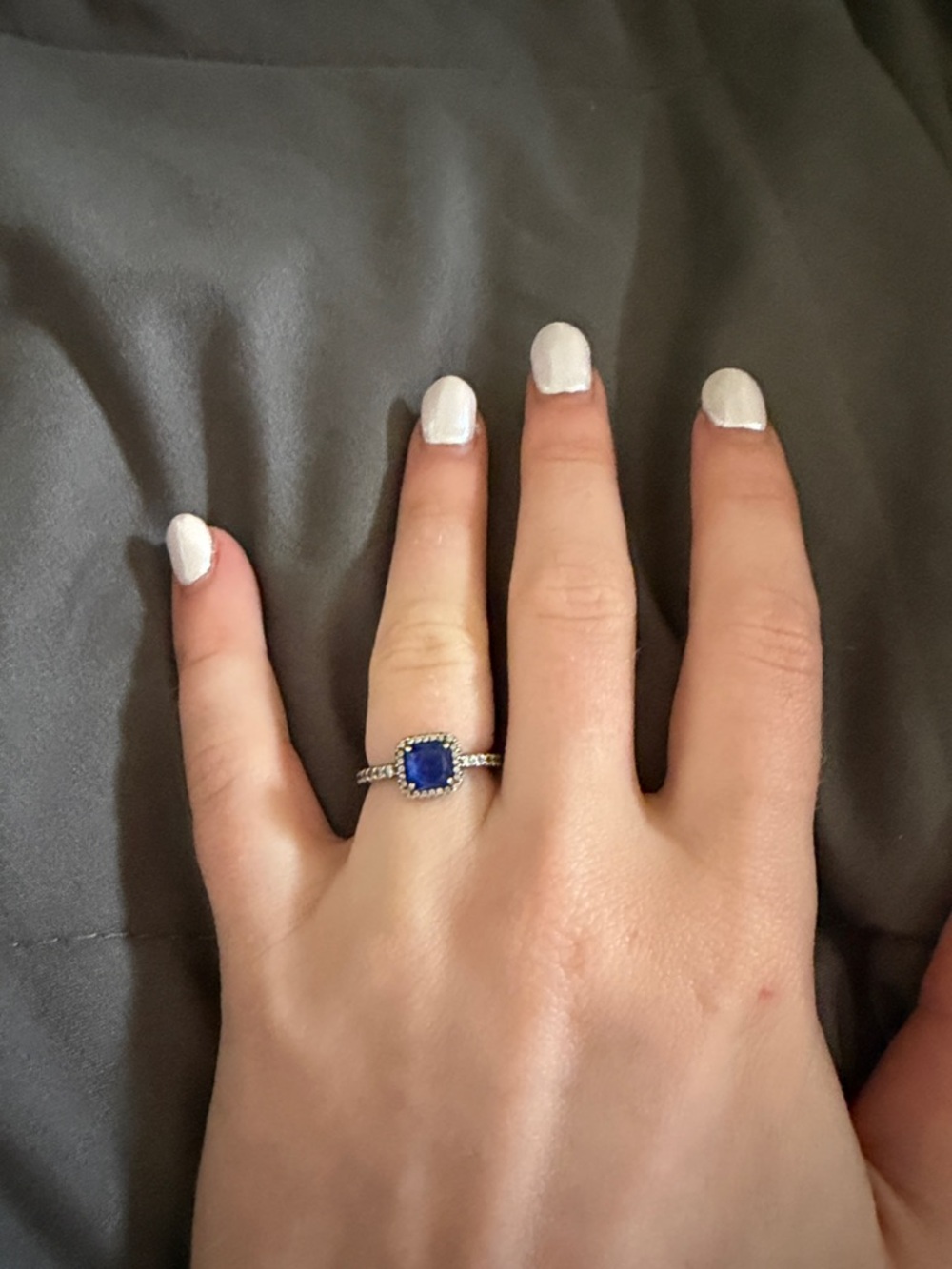 Pandora Silver Ring with Deep Blue Square Gem and Halo